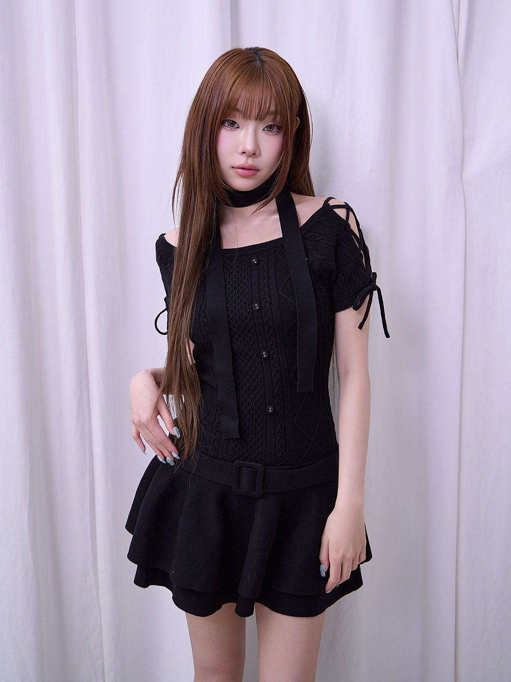 【BUBBLES】オフショルケーブルニットワンピース