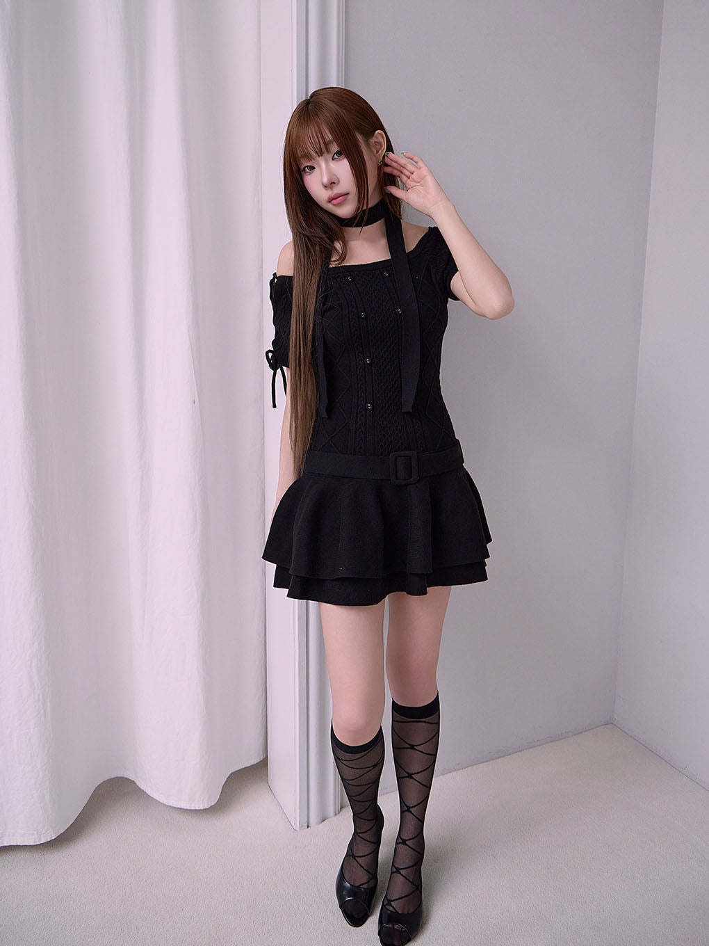 【BUBBLES】オフショルケーブルニットワンピース