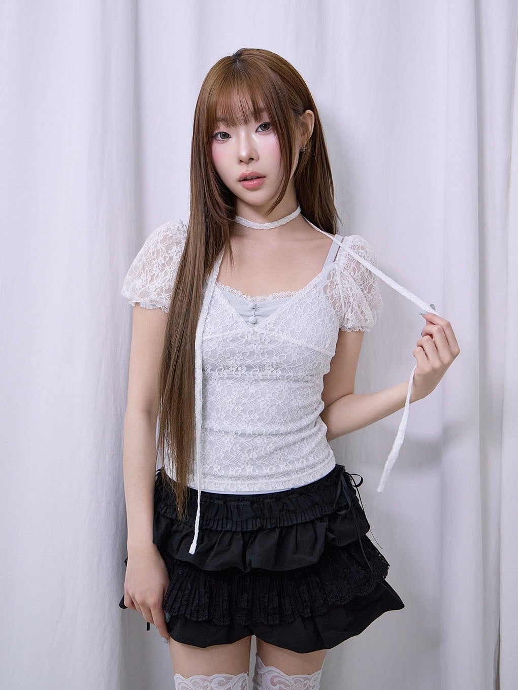 【BUBBLES】パフスリーブリボントップス