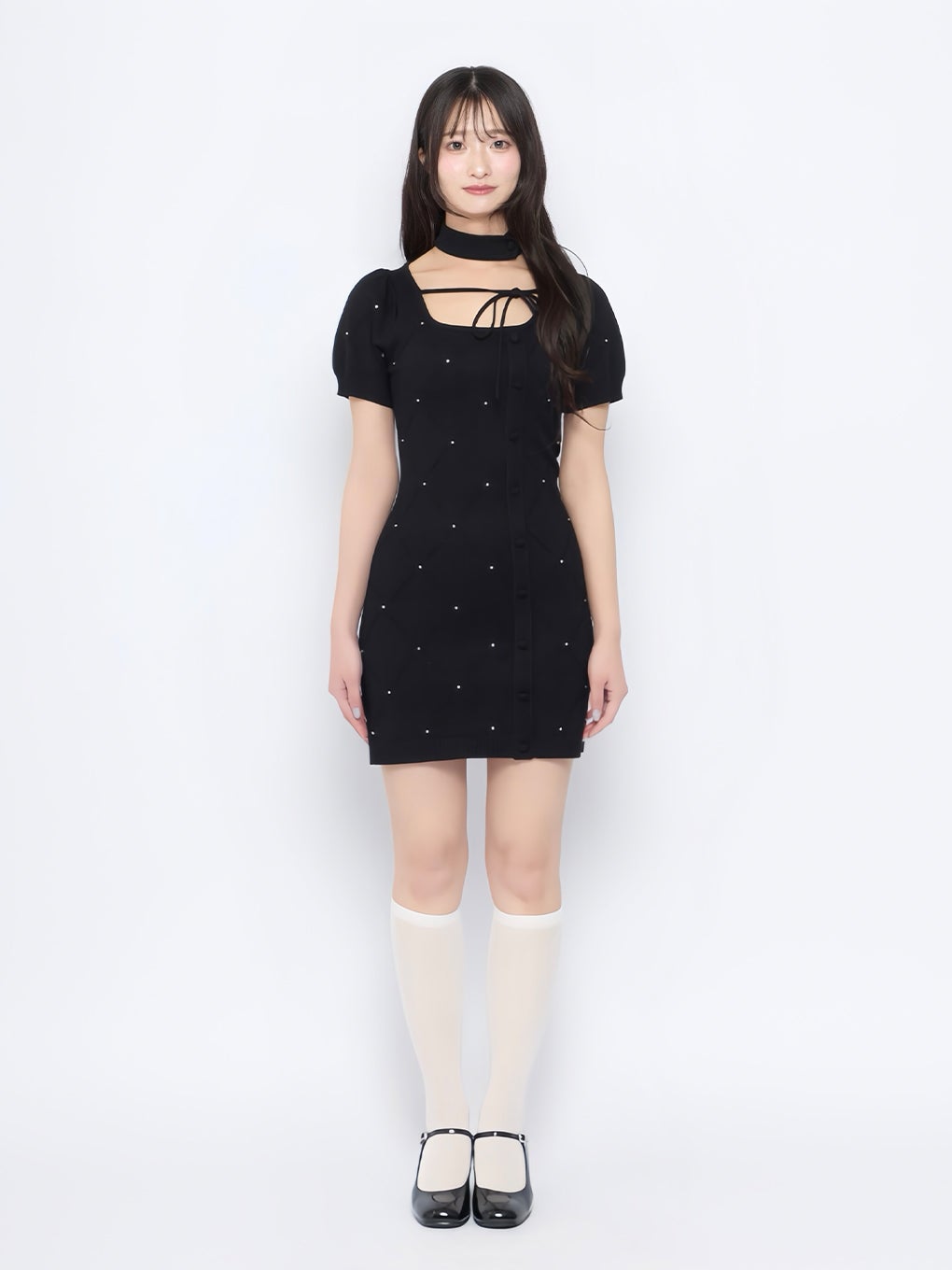 【BUBBLES】クロスビジューニットワンピース