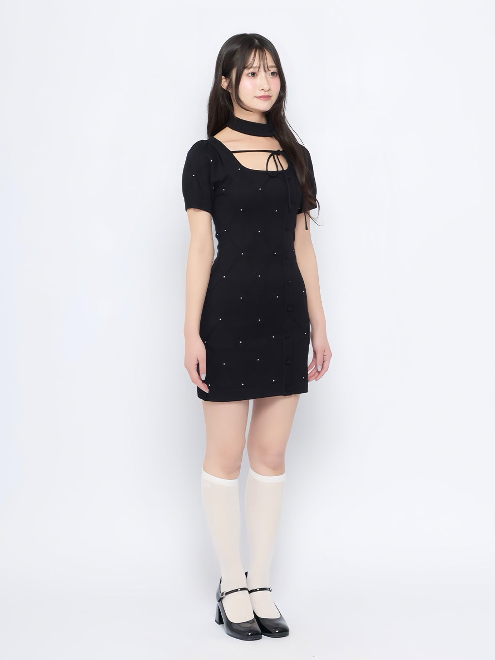 【BUBBLES】クロスビジューニットワンピース